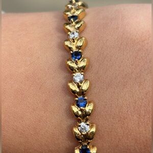 Vintage FAS 925 Gold Vermeil Heart Tennis Bracelet Blue Clear CZ 7” Sterling